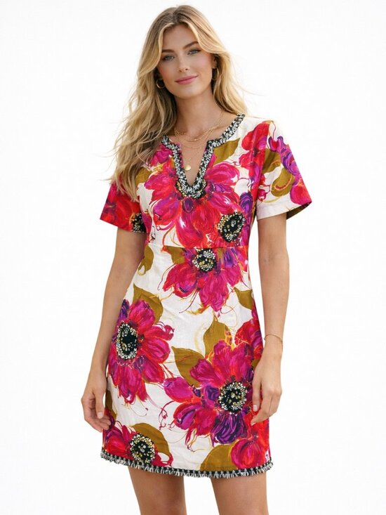 Dresses & Skirts - Trina Turk Floral Shift Dress Sz 10 Pink Cotton Fringe Resort Chic Hamptons